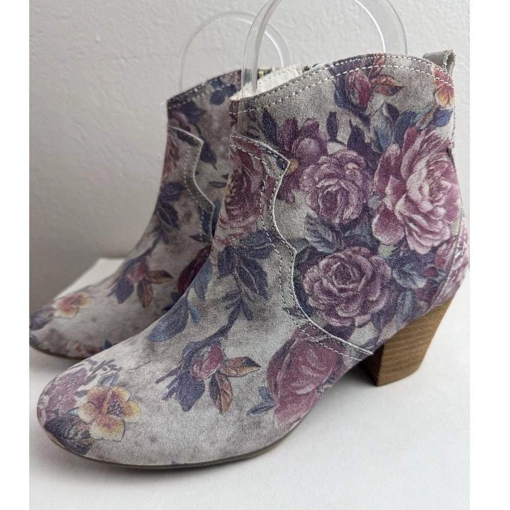 Sbicca Petunias Grey Pink Floral Leather Suede Womens Boho Ankle Boots Size 6.5